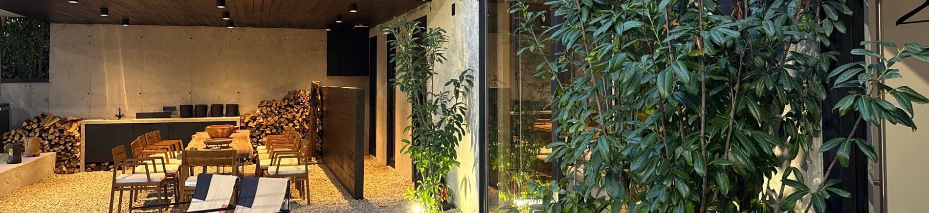 The covered terrace, at dusk.