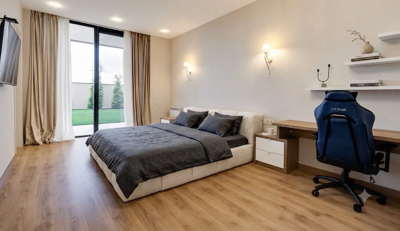 A bedroom suite, with a workspace.