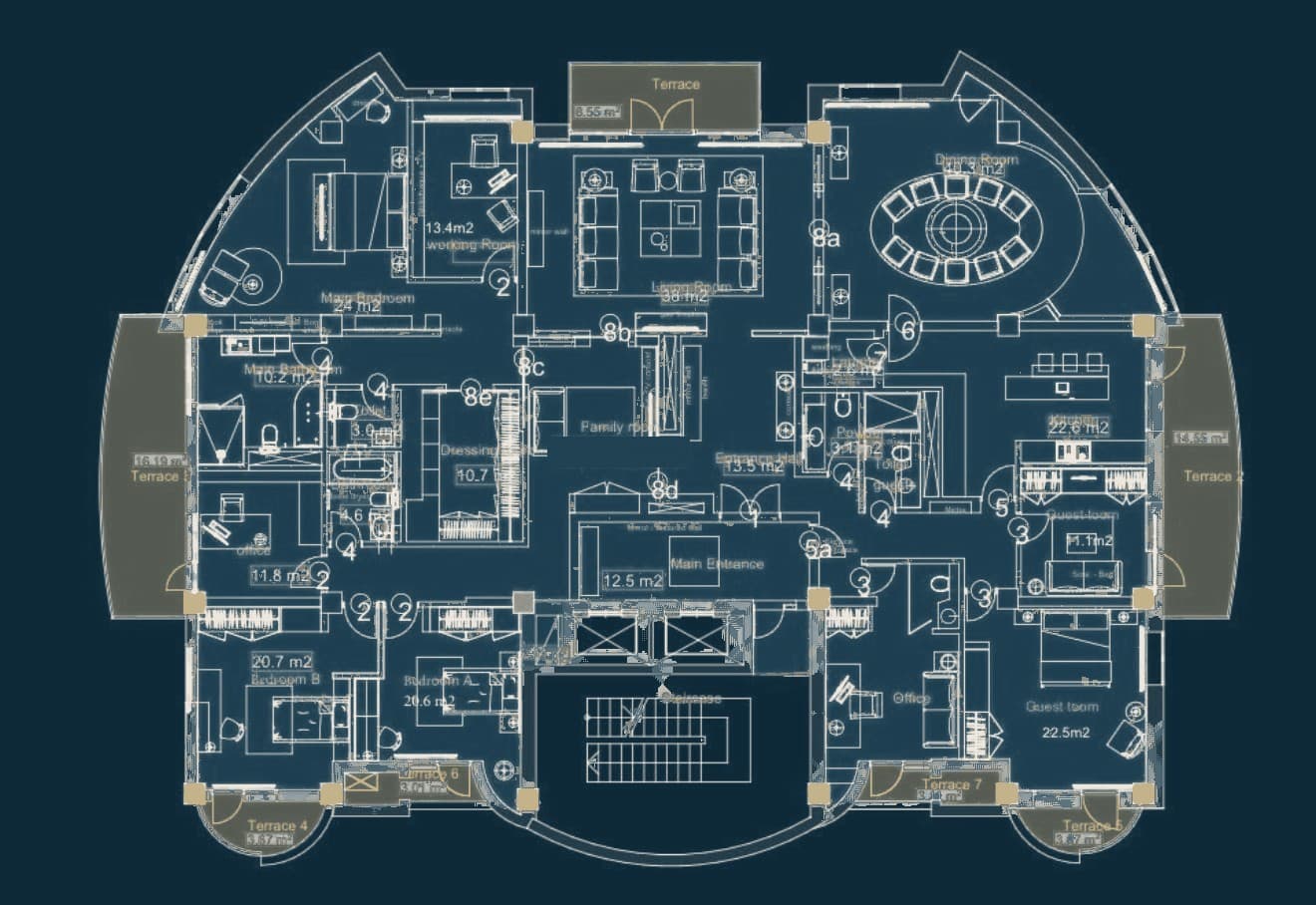 The floor plan, with room areas and terraces.
