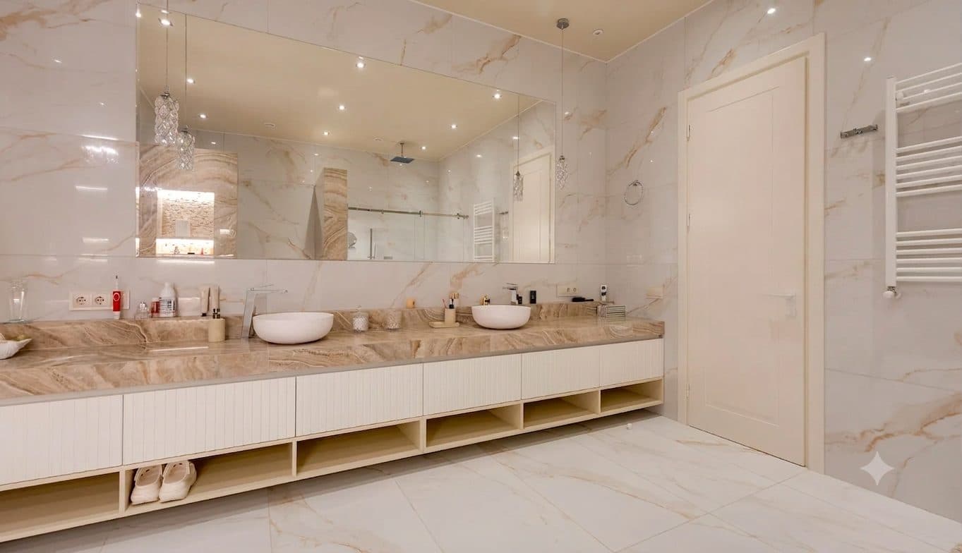 Twin basins, in book-matched stone.